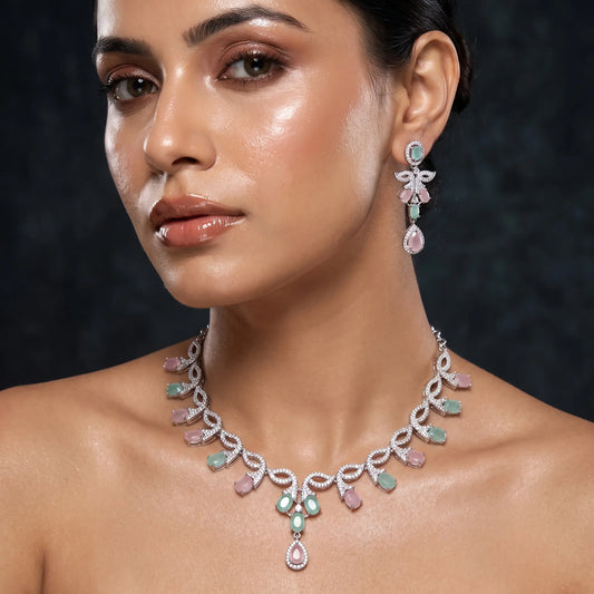 Blush Mint Petals Designer AD Necklace Set