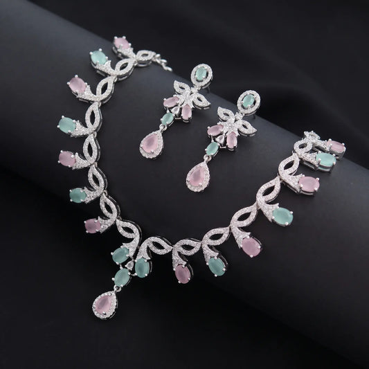 Blush Mint Petals Designer AD Necklace Set