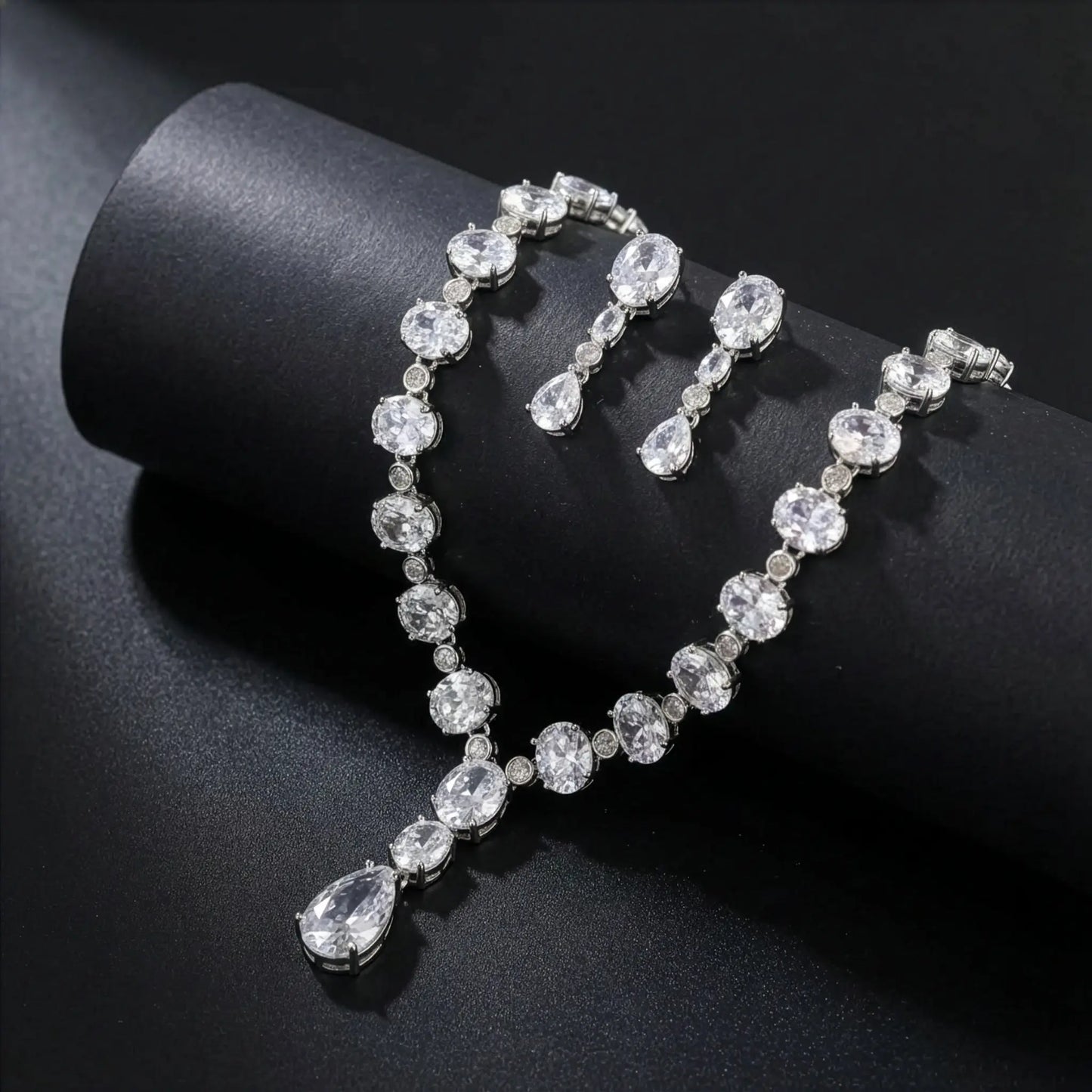 Crystal Oval Silver Plated AD Necklace Set