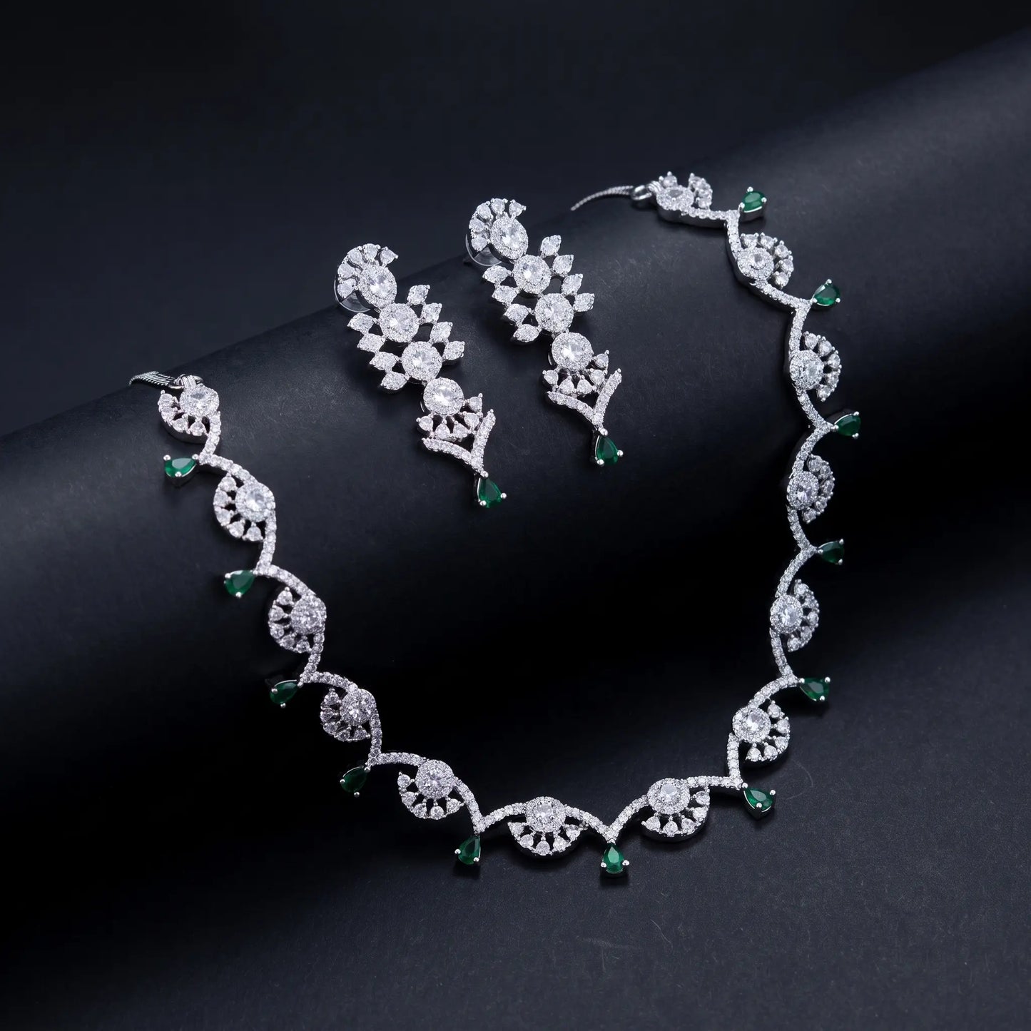 Sitara Panna Silver Plated Green AD Necklace Set