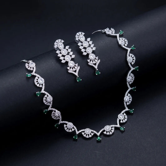 Sitara Panna Silver Plated Green AD Necklace Set