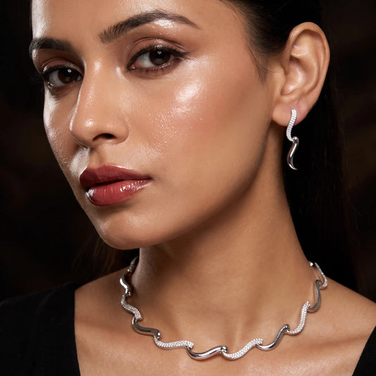 Leher Silver Plated AD Necklace Set