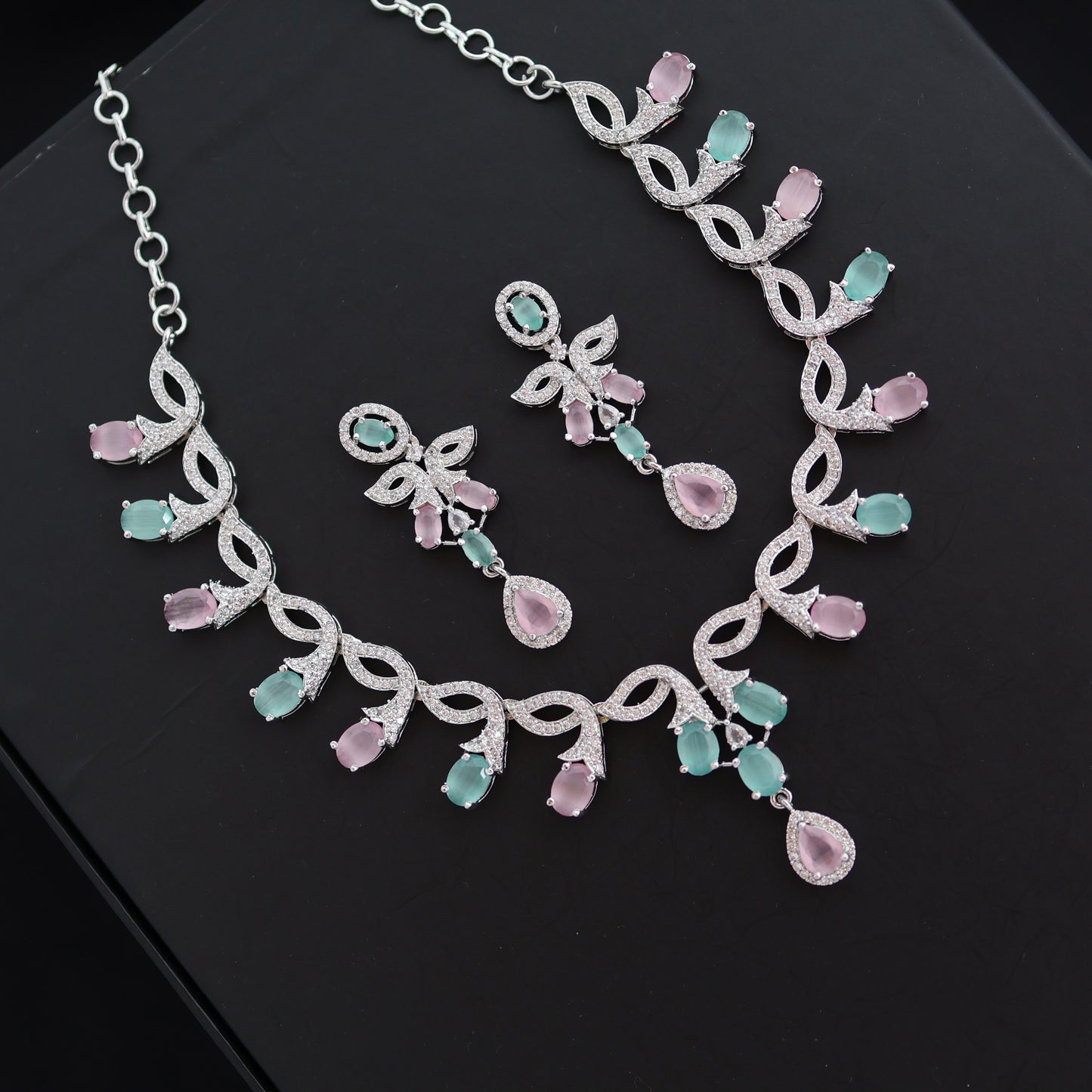 Blush Mint Petals Designer AD Necklace Set