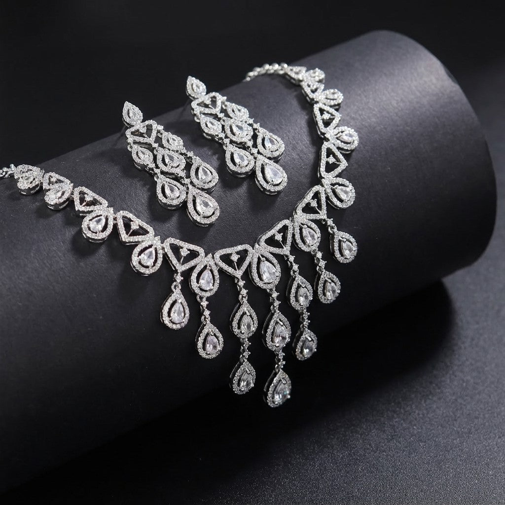 Diamond Cascade Chandelier AD Necklace Set