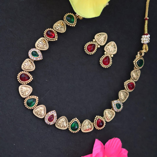 Gold plated emerald ruby necklace set