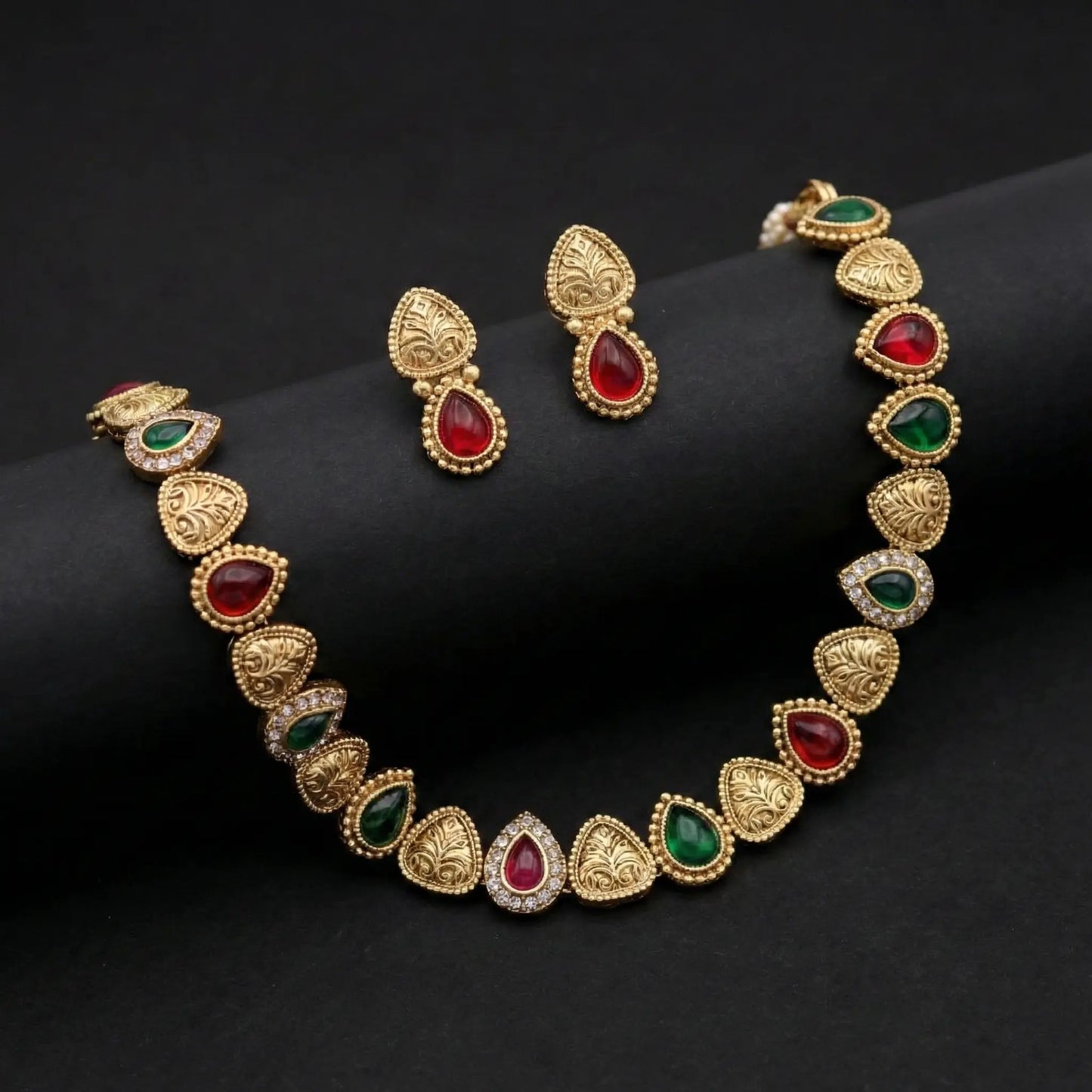 Manvi Rangmahal Golden Emerald Ruby necklace set