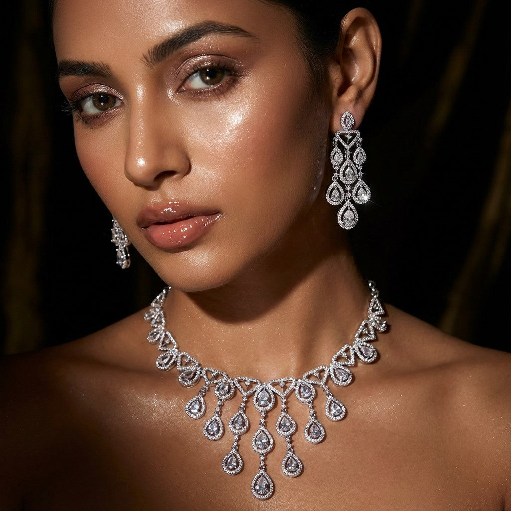 Diamond Cascade Chandelier AD Necklace Set