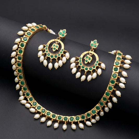Manvi Ratnapriya Gold Plated Emerald Necklace Set