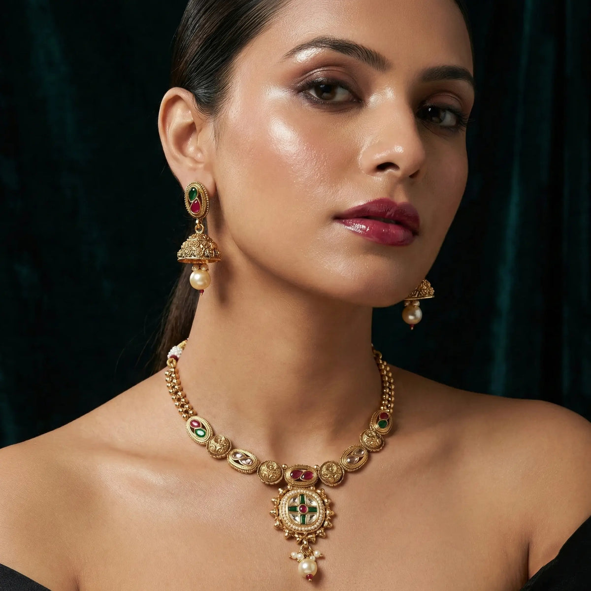 Samriddhi antique gold plated necklace set