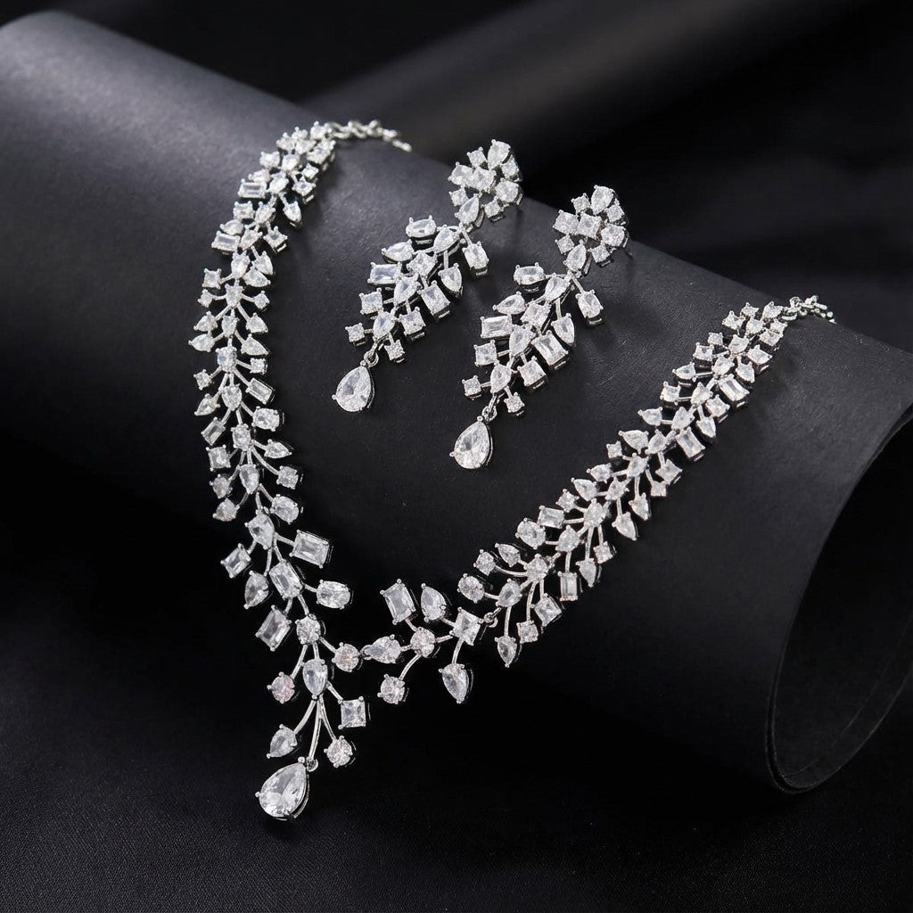 Silver Vine Drop AD Necklace Set