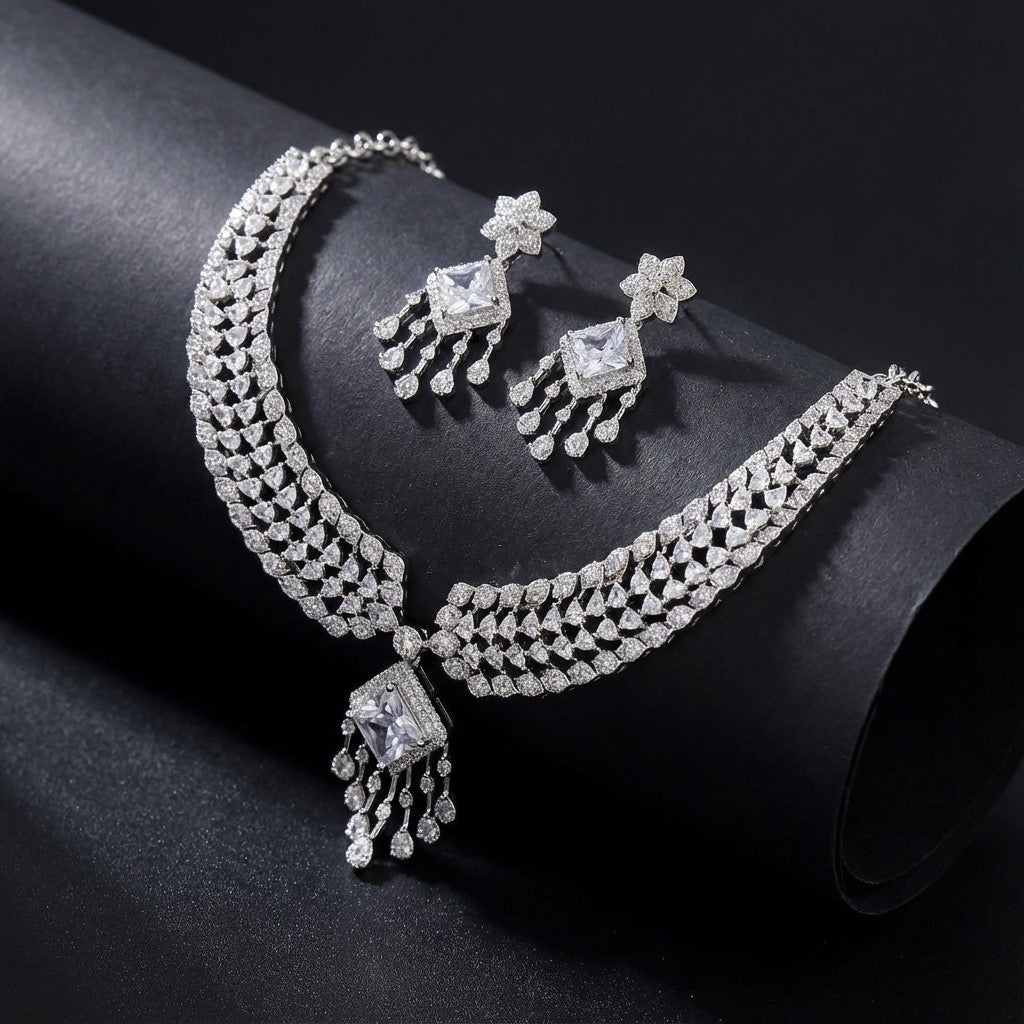 Starlight Princess Cut AD Necklace Set