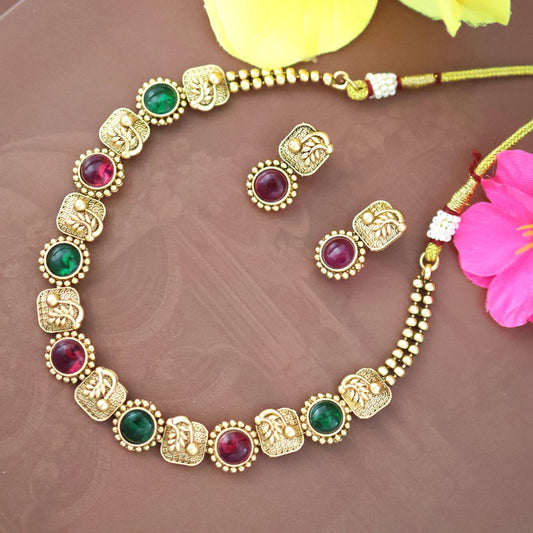 Gold plated ruby emerald necklace set