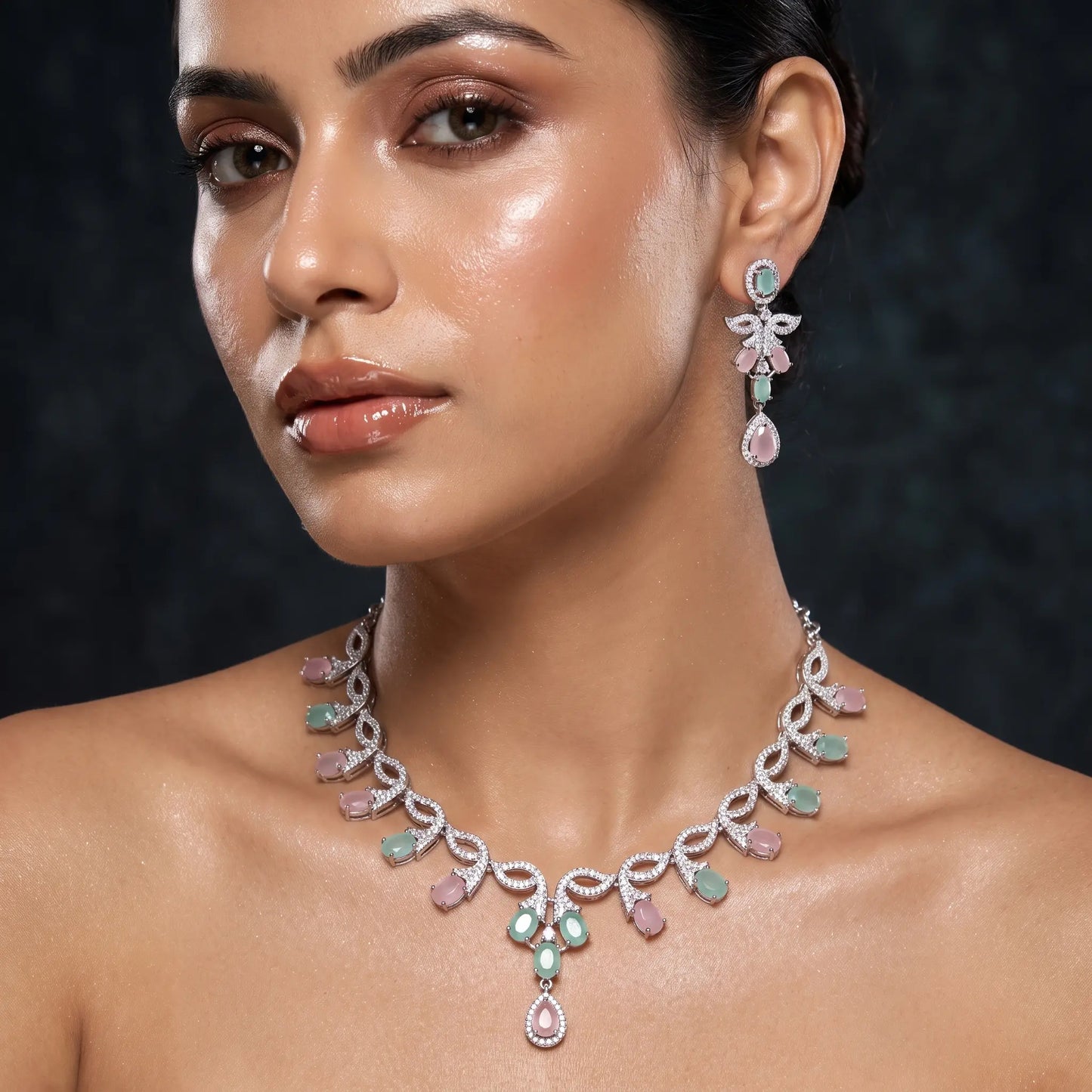 Blush Mint Petals Designer AD Necklace Set