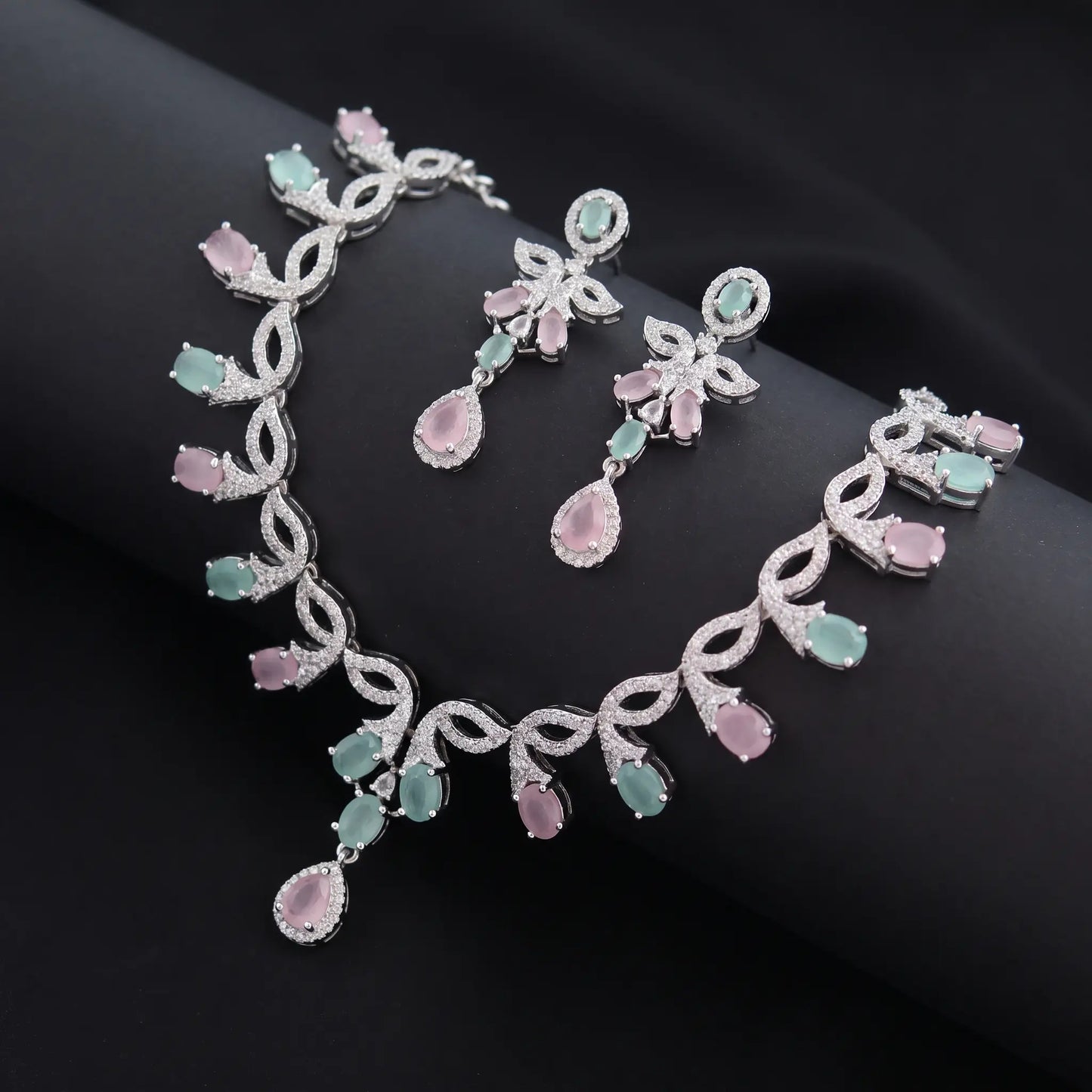Blush Mint Petals Designer AD Necklace Set