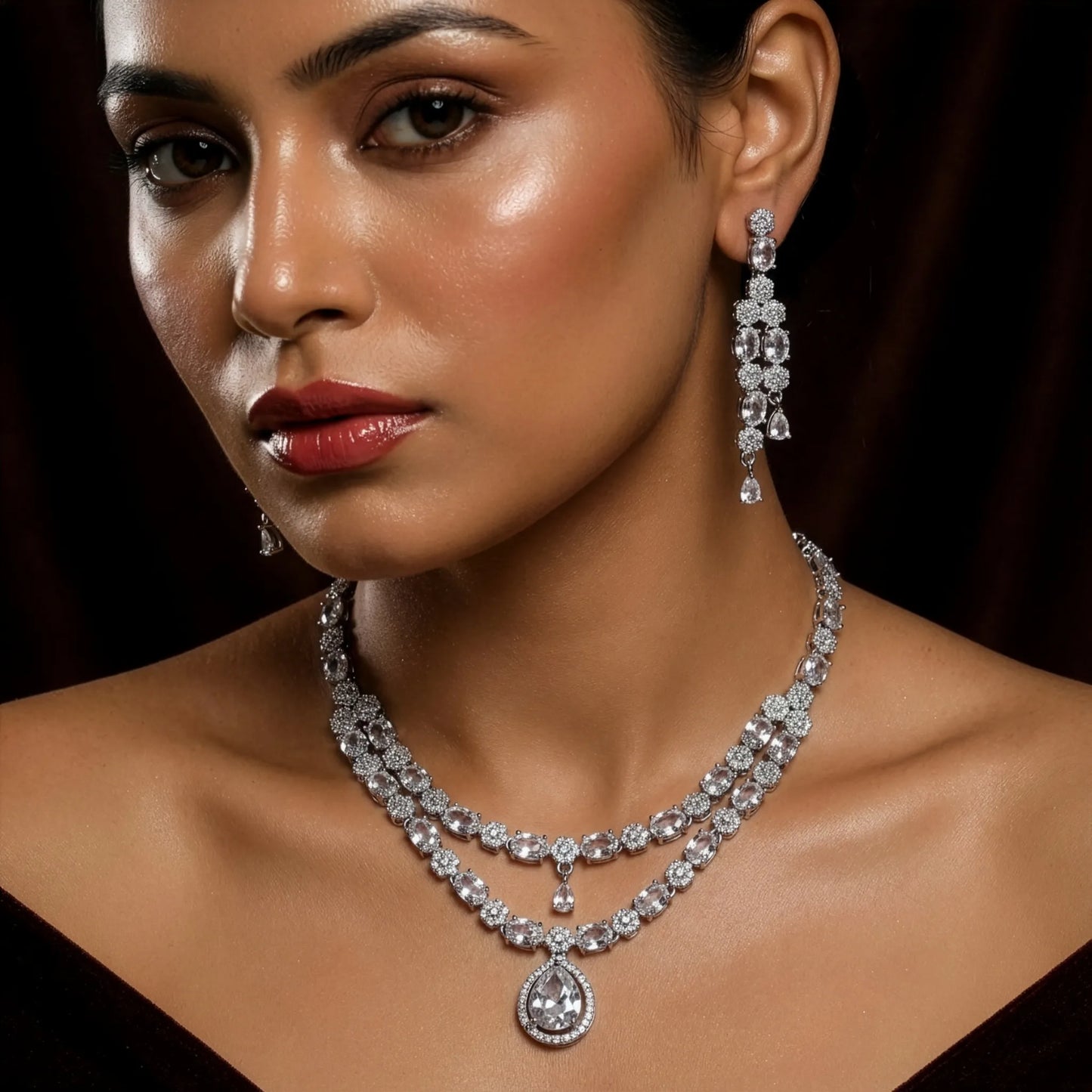 Diamond Teardrop Silver Plated AD Necklace Set