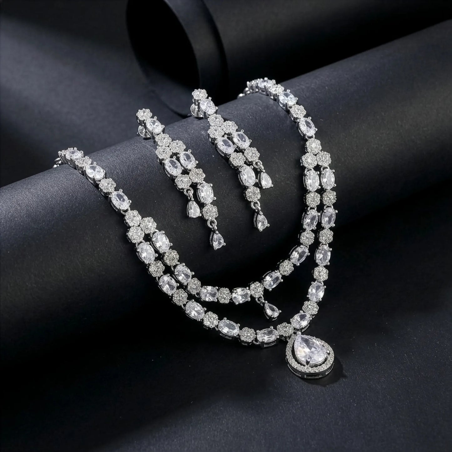 Diamond Teardrop Silver Plated AD Necklace Set