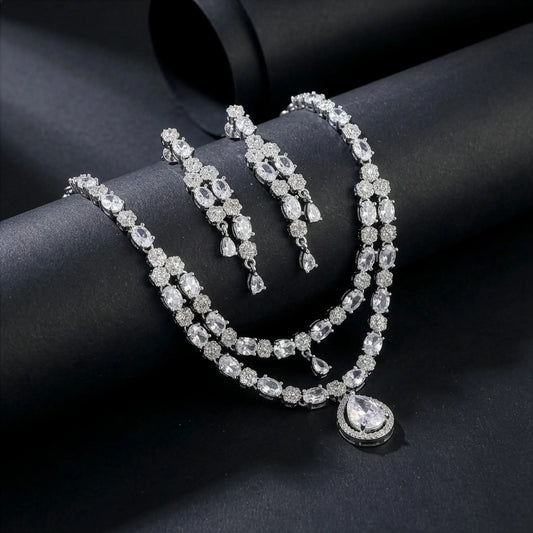Diamond Teardrop Silver Plated AD Necklace Set