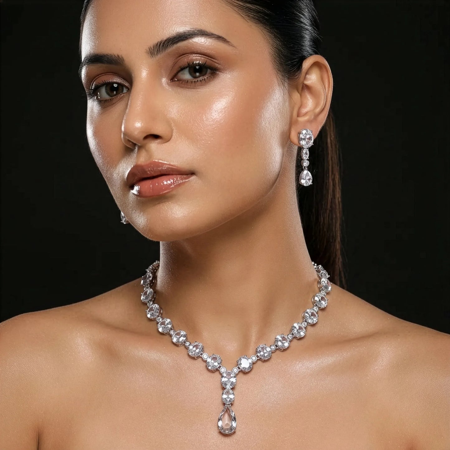 Crystal Oval Silver Plated AD Necklace Set