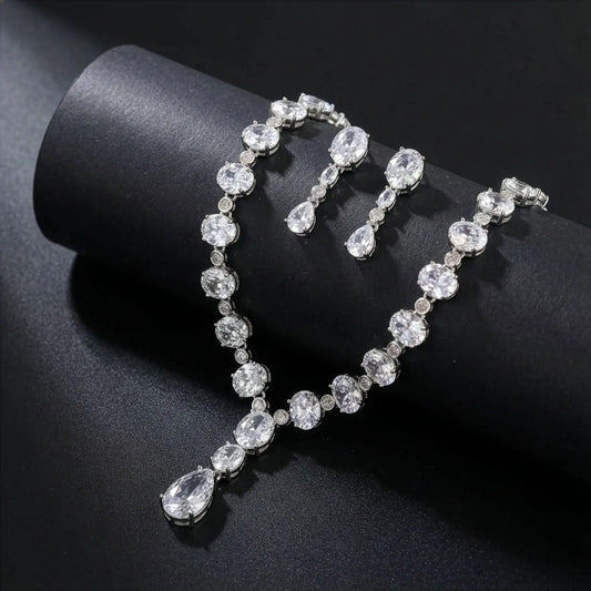 Crystal Oval Silver Plated AD Necklace Set