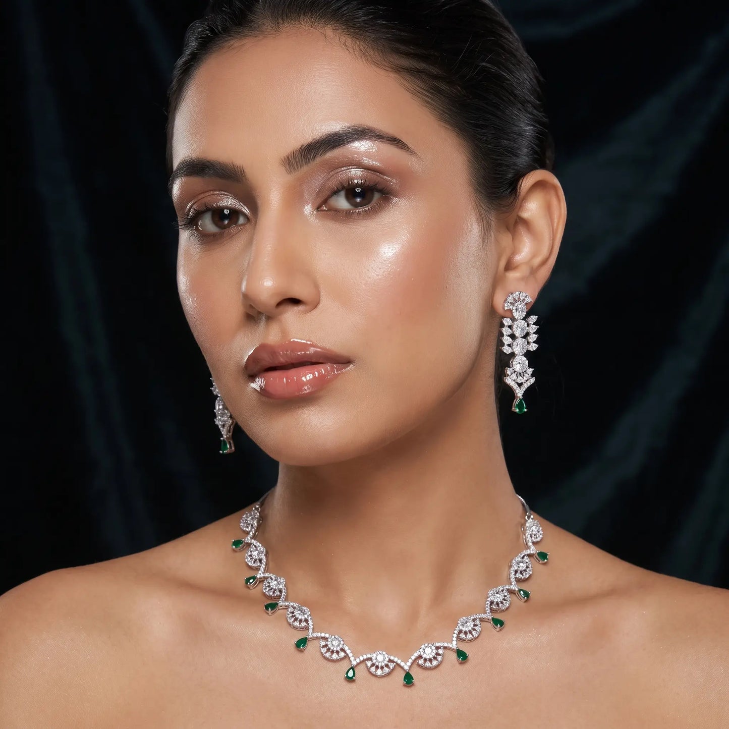 Sitara Panna Silver Plated Green AD Necklace Set