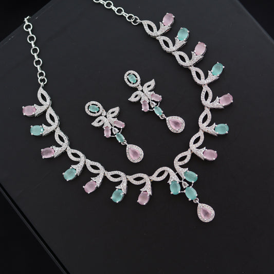 Blush Mint Petals Designer AD Necklace Set