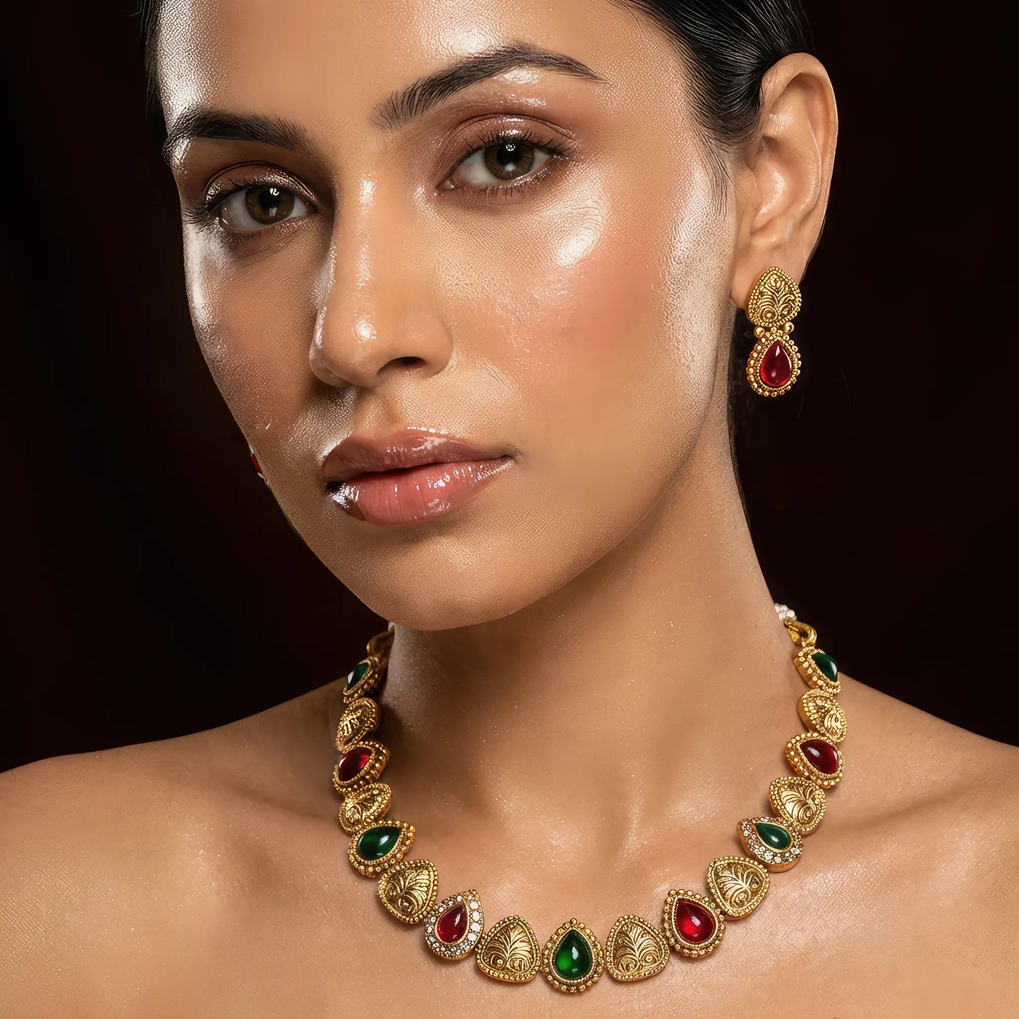 Manvi Rangmahal Golden Emerald Ruby necklace set