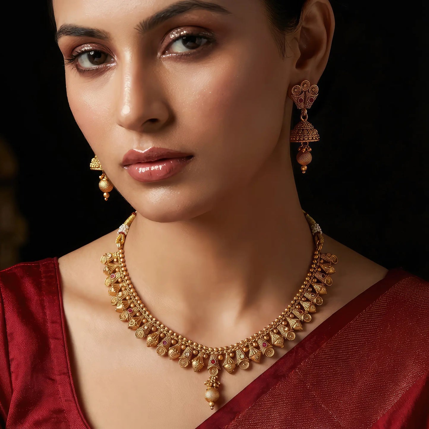 Rajkanthi Gold tone ruby necklace set
