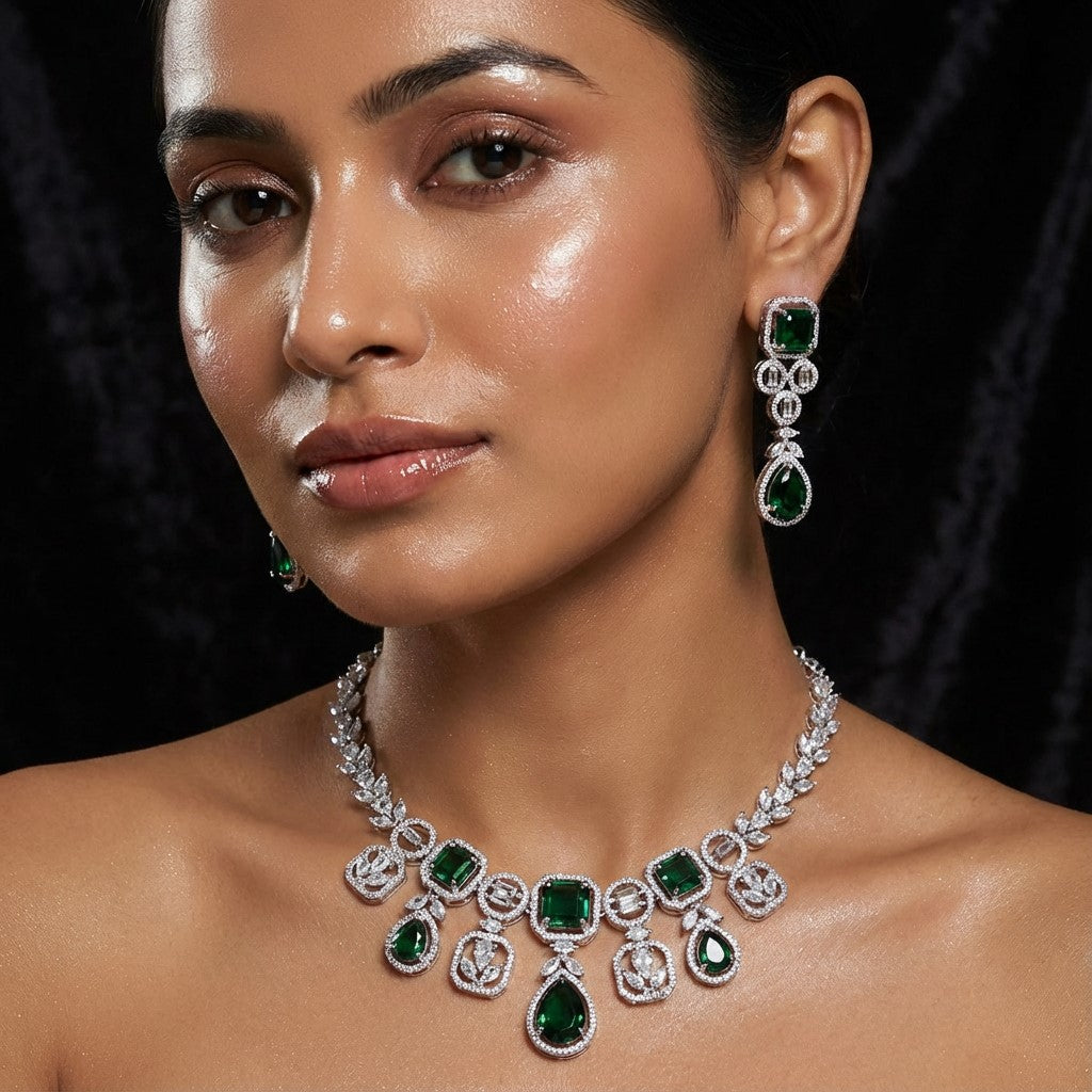 Emerald Majesty Geometric AD Necklace Set