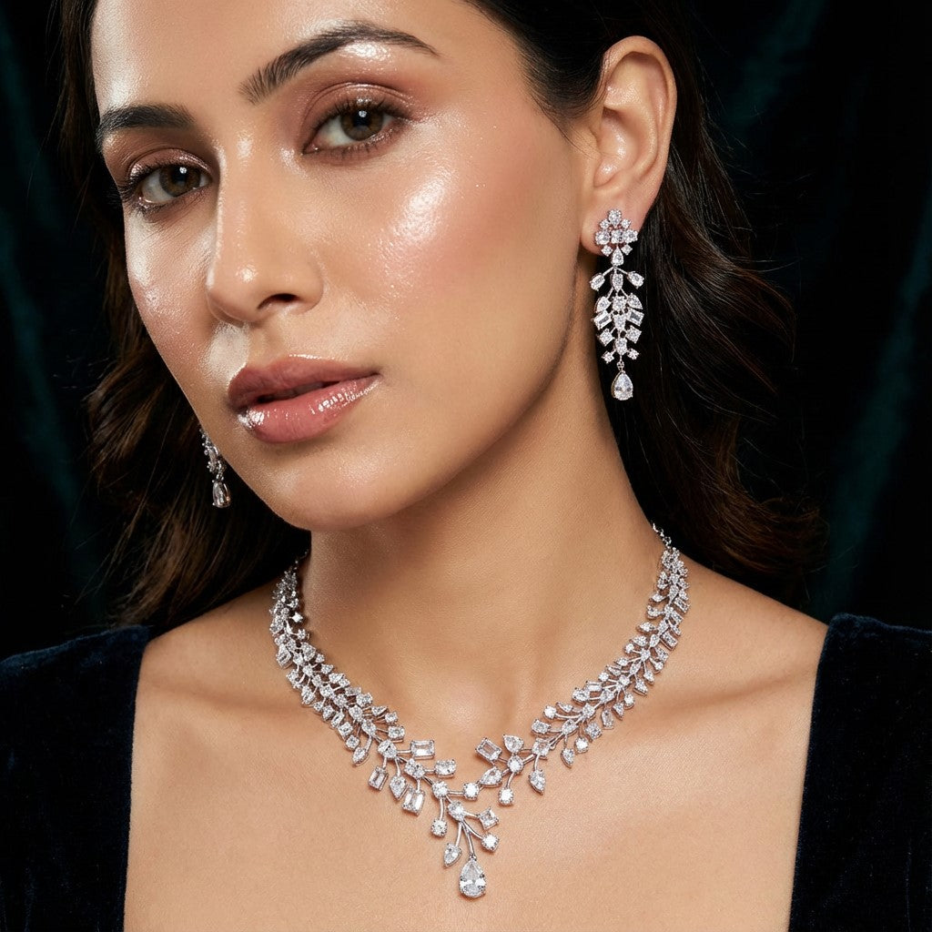 Silver Vine Drop AD Necklace Set