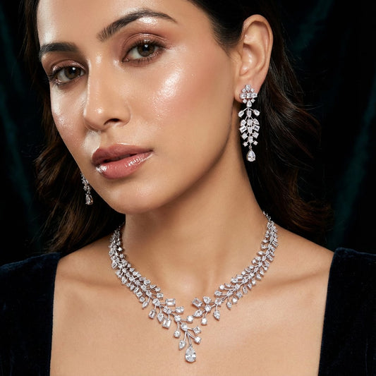 Silver Vine Drop AD Necklace Set