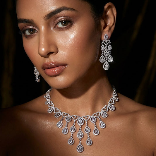 Diamond Cascade Chandelier AD Necklace Set