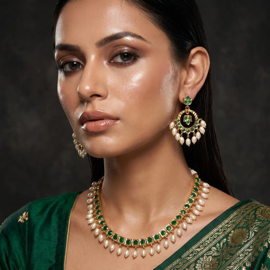Manvi Ratnapriya Gold Plated Emerald Necklace Set
