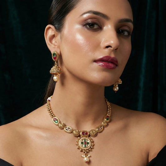 Samriddhi antique gold plated necklace set