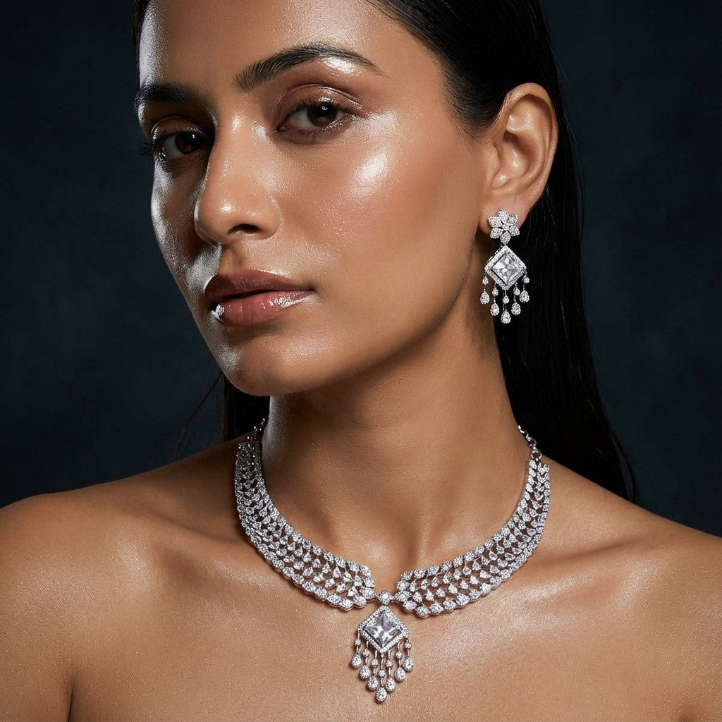 Starlight Princess Cut AD Necklace Set