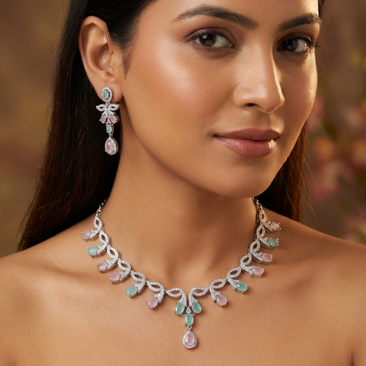 Blush Mint Petals Designer AD Necklace Set